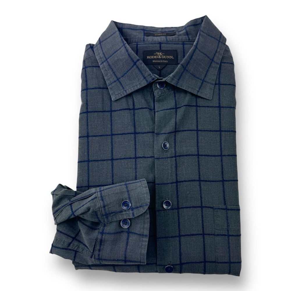 Rodd & Gunn Large Gray Blue Embroidered Check Sports Fit Long Sleeve Button‎ Up